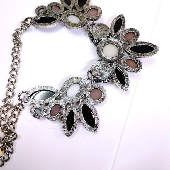 Statement Necklace Antique Silver Daisies Smoky Grey Crystal Droppers faux Pearl - Picture 5 of 5